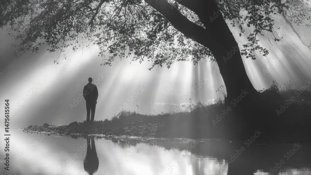 Poster a person standing alone under a tree on a calm lake, perfect for scenery or solitude-related themes