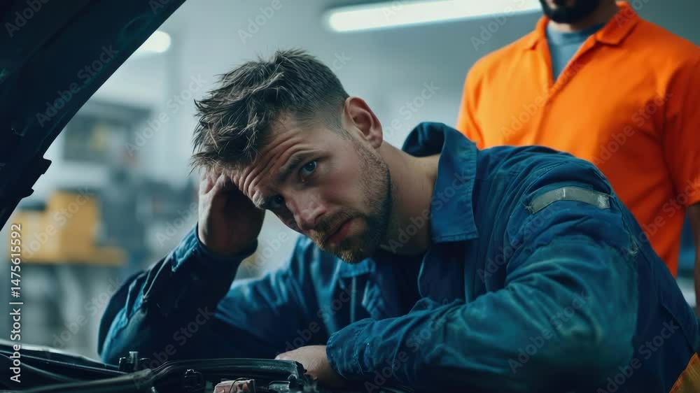 Poster a person examining the internal workings of a vehicle's engine, ideal for use in automotive or educa