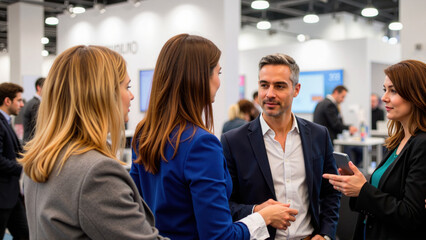 Diverse team engaging in discussion at business event, networking opportunities