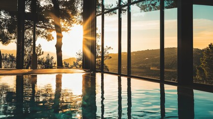 Serene Sunset Reflection in Glass House with Infinity Pool