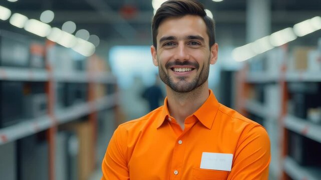 A cheerful man in an orange uniform stands with crossed arms, smiling in an appliance store.
Concept of: Sales assistance.
