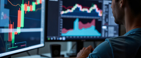 Focused man analyzing financial charts on computer screens, investment strategy
