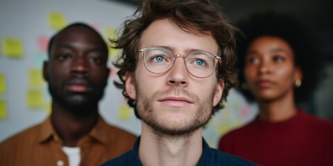 Diverse young adults collaborating in creative workspace