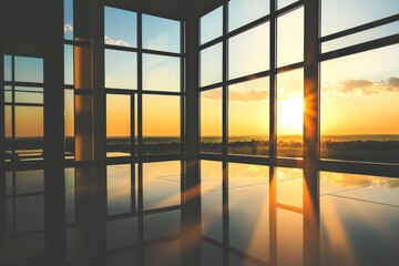 Modern Glass House with Infinity Pool at Sunset in the Mountains