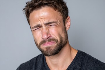 Obraz premium A close-up of a man displaying a pained expression, with furrowed brows and a subtle grimace that conveys feelings of frustration or distress, highlighting human emotional depth.