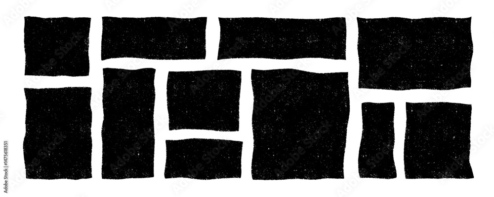 Aufkleber Vector wavy rectangles with grain texture, irregular black text boxes. Crayon drawn squares and rectangles.