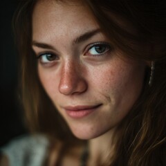 Portrait of woman with blue eyes and freckles, soft side lighting, natural expression, indoor setting with shallow depth of field.
