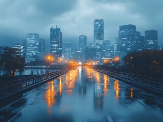Fototapeta premium Foggy skyscrapers evening lights reflected river high resolution images
