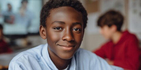 African young male student smiling in classroom setting with classmates in background