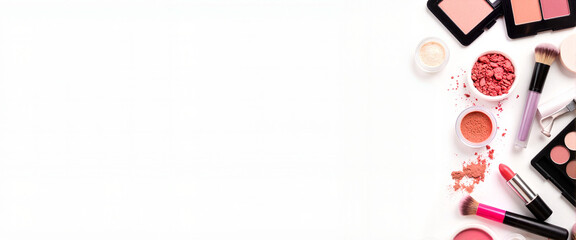 Fototapeta na wymiar Makeup products on white background with copy space 