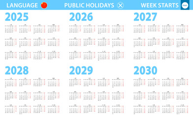 Calendar in Chinese language for year 2025, 2026, 2027, 2028, 2029, 2030. Week starts from Monday.
