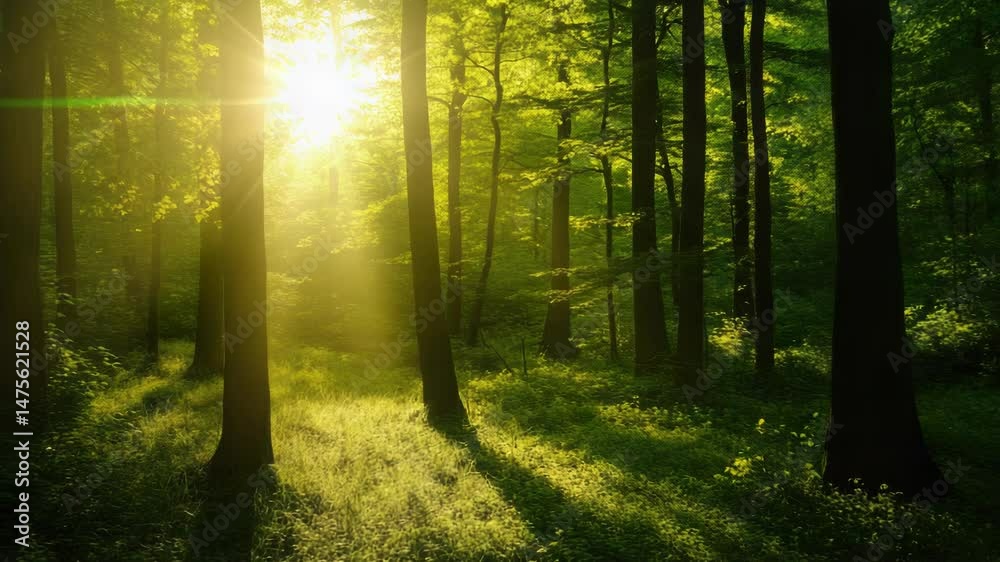 Poster a serene scene of sunlight filtering through the treetops in a dense forest, perfect for nature-insp