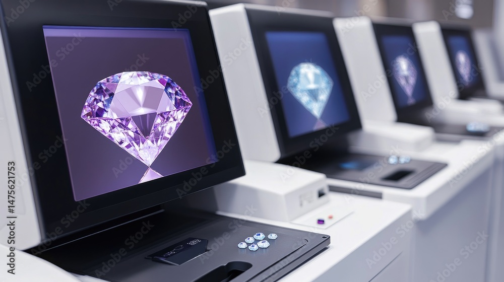 Poster automated gemstone detection machine checking symmetry and placement accuracy on production line
