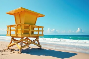 Lifeguard tower on a sunny beach, overlooking ocean waves , stand, sun, rescue