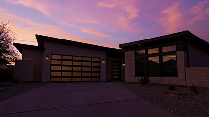 Modern Minimalist Home with Black Framed Windows at Sunset