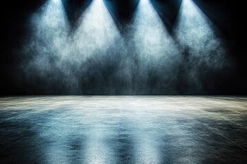 Empty stage with three spotlights and smoky haze