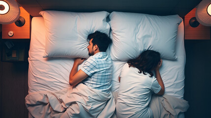 Relationship problems. Upset couple ignoring each other, lying back to back in bed, top view