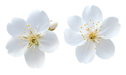  Two different white flowers, cherry blossoms and apple blossoms, on a transparent background