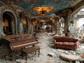 Grand piano in ruined baroque ballroom with faded frescoes