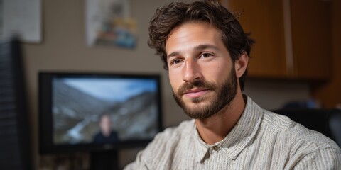 Obraz premium Caucasian young adult male working remotely from home office with video conference