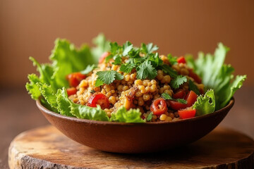 Tempting Vegan Burrito Bowl Food Photography: Rustic Table, Warm Taupe Background, Overcast Light