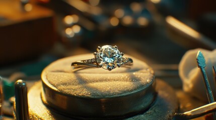 Diamond setting in progress with prongs raised on a ring mount, surrounded by fine picks and polishing cloth