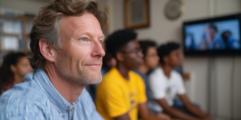 Caucasian male adult watching television with diverse group of young african males at home