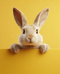 Obraz premium Cute and fluffy rabbit with large ears peeking over a yellow background, showcasing its expressive eyes and soft fur for a cheerful atmosphere