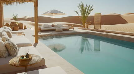 Desert resort poolside relaxation; tranquil oasis with sunbeds and palm trees; pristine sand dunes backdrop; ideal for luxury travel brochures