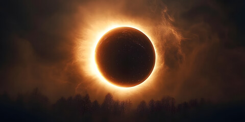 Obraz premium The dark silhouette of the moon obscures the sun silhouette. Rare mysterious natural phenomenon concept. Total solar eclipse above forest at night time.