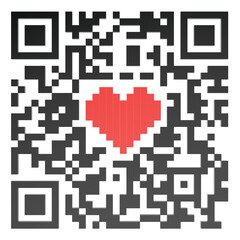 QR code with red heart symbol inside. 3D rendering isolated on transparent background