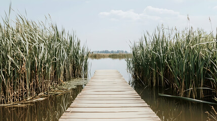 Obraz premium Wooden dock leading to calm lake, surrounded by reeds, tranquil landscape, perfect for travel brochures