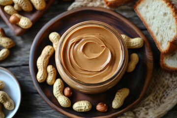Creamy peanut butter in a glass jar, surrounded by roasted peanuts and slices of bread on a rustic wooden table, 