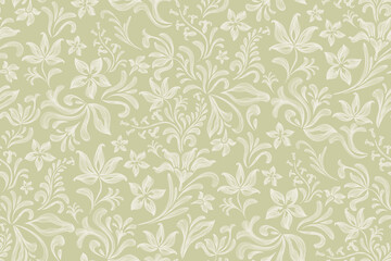 Vintage floral ethnic tapestry modern embroidery texture boho design vector illustration hand drawn silhouette green white flower motif branches leaves wallpaper seamless background border.	
