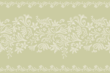 Vintage floral ethnic tapestry modern embroidery texture boho design vector illustration hand drawn silhouette green white flower motif branches leaves wallpaper seamless background border.	
