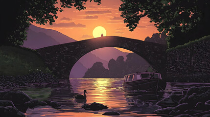 Serene sunset over stone bridge, narrowboat moored, swan on lake, mountainous background; ideal for travel, nature, or serenity themes