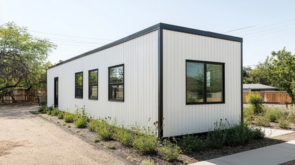 Modern White Farmhouse with Black Framed Windows and Green Landscape
