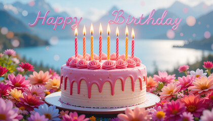 Happy Birthday Cake with Flowers and a Scenic Background