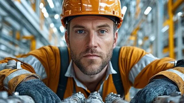 Industrial Confidence: A focused worker, adorned in safety gear, exhibits unwavering confidence amidst the complexity of a modern industrial setting. Capturing the essence of expertise and resilience.