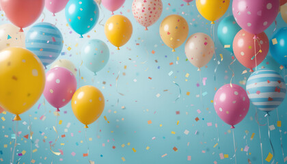 Colorful Balloons and Confetti Against a Blue Background