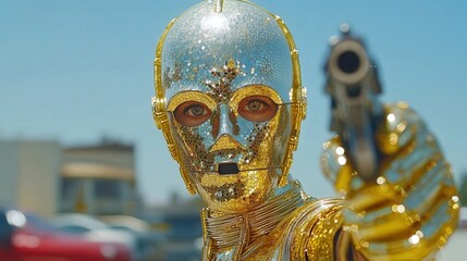 Obraz premium Brilliant shiny humanoid robot with gold and silver metallic texture, holding a gun, posing dramatically against a bright blue sky and vibrant urban backdrop