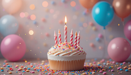 Colorful Birthday Cupcake with Lit Candles and Festive Decorations