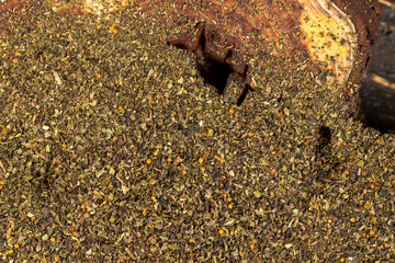 tea leaves, ground and crumbled into very small pieces with the addition of flavoring