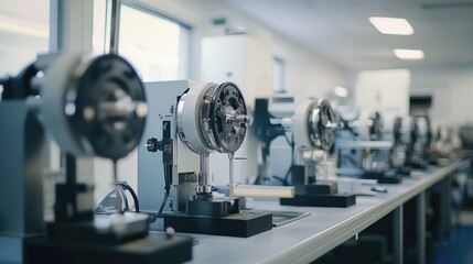 Obraz premium Industrial setting with a row of machines polishing and buffing metal components in a jewelry workshop