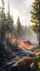 Helicopter in a forest fire scene