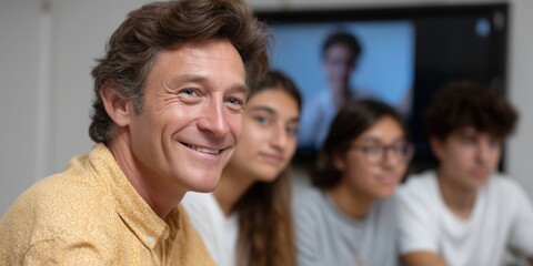Caucasian adult male leading team meeting with young diverse group in office setting