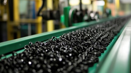 Fototapeta premium Long conveyor belts with trays of identical metal charms heading toward gemstone mounting section
