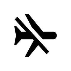 Black airplane icon with a white line through it indicating flight cancellation or no flying zone symbol
