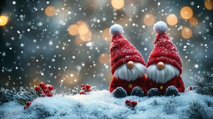 Winter scene with gnomes on snow, sparkling lights in background, festive and cheerful