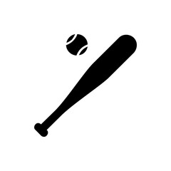 Illustration of a baseball bat with a rounded end and a baseball above it in solid black color 100